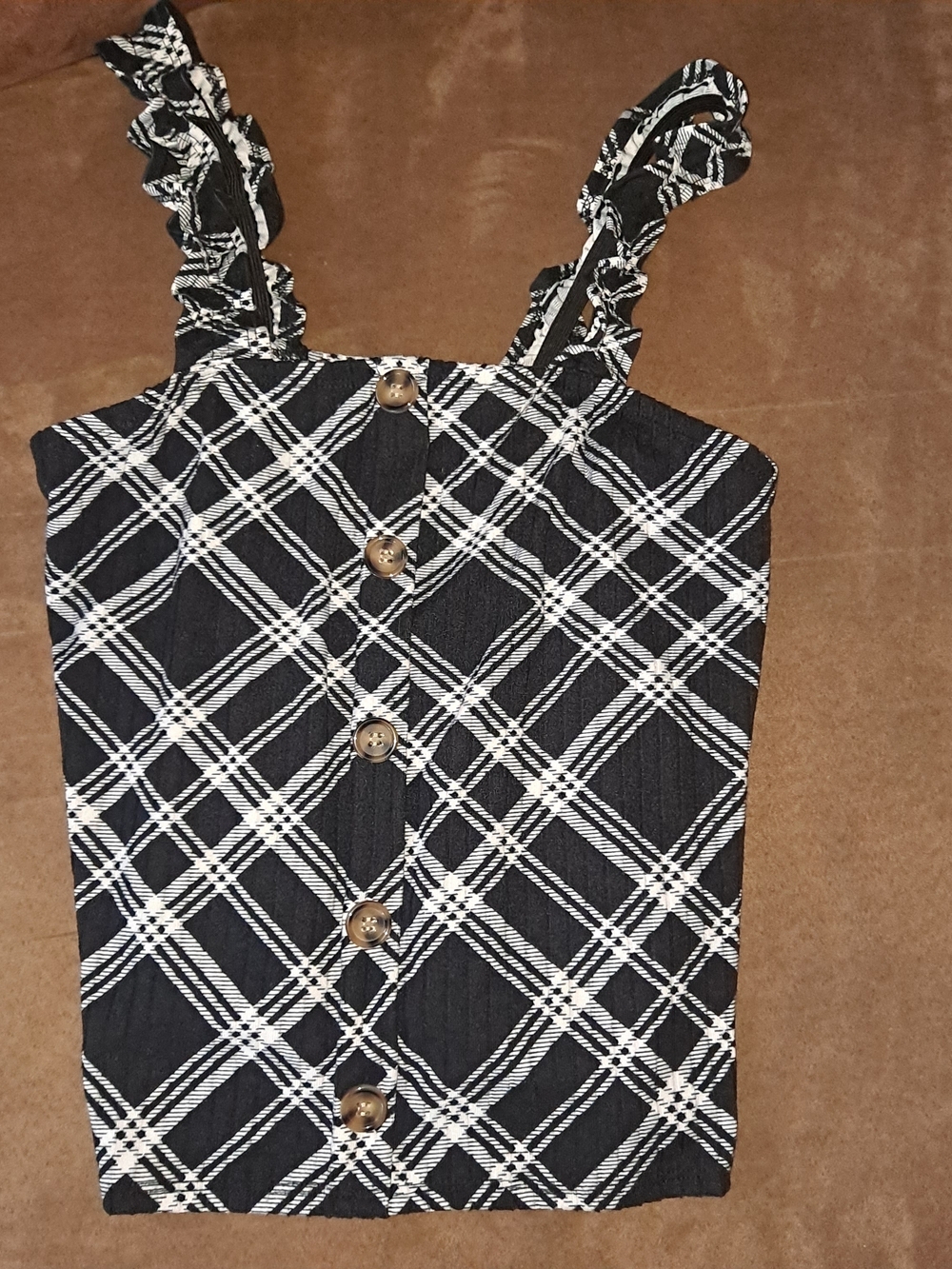 No Boundaries Black & White Plaid Button-Front Ruffle Strap Crop Top